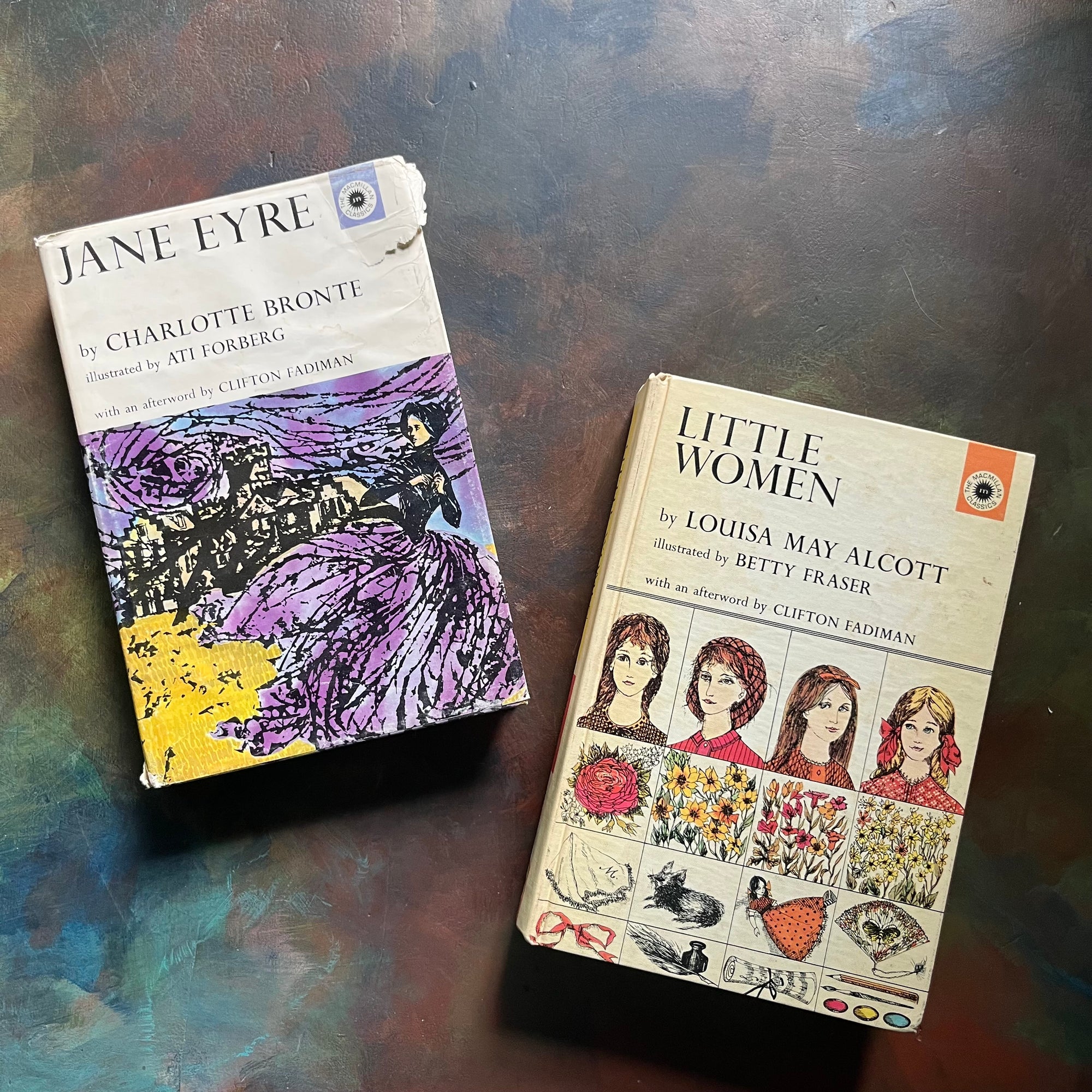 The Macmillan Classics Book Series-Jane Eyre written by Charlotte Bronte and Little Women written by Louisa May Alcott-vintage children's classic literature-view of the front covers showing the dust jacket's cover of Jane Eyre