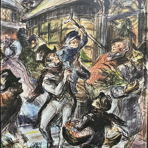 The Macmillan Classics-Tales from Shakespeare by Charles & Mary Lamb-A Christmas Carol by Charles Dickens-classic children's literature-view of the closeup of the illustration on the front cover of A Christmas Carol featuring Scrooge holding Tiny Tim