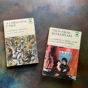 The Macmillan Classics-Tales from Shakespeare by Charles & Mary Lamb-A Christmas Carol by Charles Dickens-classic children's literature-view of the front covers with dust jacket on Tales from Shakespeare