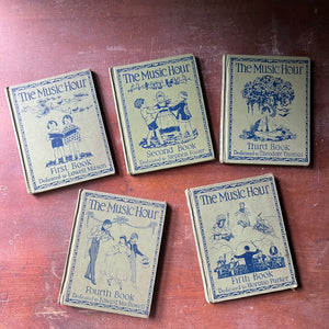 vintage music books for children, vintage music books for schools - he Music Hour Five Book Set:  Book One Dedicated to Lowell Mason, Book Two Dedicated to Stephen Foster, Book Three Dedicated to Theodore Thomas, Book Four Dedicated to Edward McDowell & Book Five Dedicated to Horatio Parker - view of the front covers