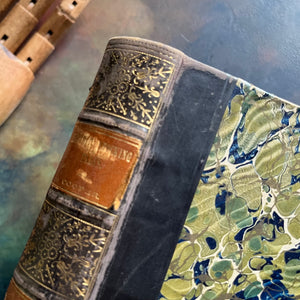 The Pioneers written by James Fenimore Cooper-book one of the leather stocking tales-antique leather-bound book with marbled cover-vintage adventure book-view of the condition of the spine