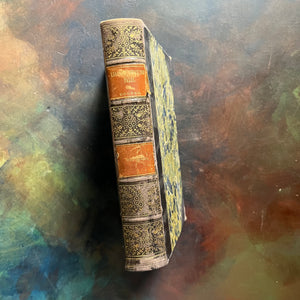 The Pioneers written by James Fenimore Cooper-book one of the leather stocking tales-antique leather-bound book with marbled cover-vintage adventure book-view of the spine