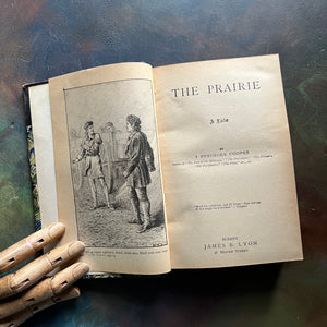 The Prairie written by James Fenimore Cooper-book one of the leather stocking tales-antique leather-bound book with marbled cover-vintage adventure book-view of the title page & frontispiece