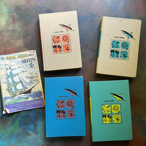 The Real Book About Book Set-Set of Four-Prehistoric Life-Science Experiments-Ships-Horses-vintage non-fiction books for children-view of the embossed front covers without dust jacket on