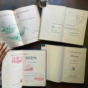 The Real Book About Book Set-Set of Four-Prehistoric Life-Science Experiments-Ships-Horses-vintage non-fiction books for children-view of the title pages