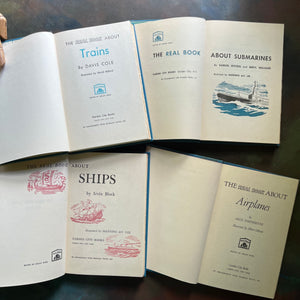 The Real Book About Book Set-Set of Four-Trains-Submarines-Ships-Airplanes-vintage non-fiction books for children-view of the title pages