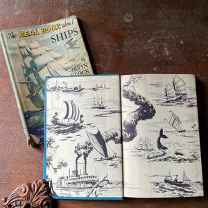 vintage children's book, children's history book, vintage chapter book, The Real Book About Series - The Real Book About Ships by Irvin Block with illustrations by Manning de V. Lee - view of the inside cover