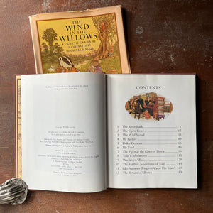vintage children's chapter book, classic literature - The Wind in The Willows written by Kenneth Grahame with illustrations by Michel Hague - view of the copyright & contents pages