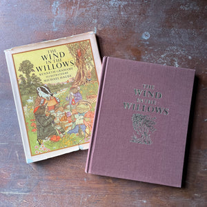 vintage children's chapter book, classic literature - The Wind in The Willows written by Kenneth Grahame with illustrations by Michel Hague - view of the front cover with the title & a small illustration embossed in gold in the center