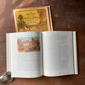 vintage children's chapter book, classic literature - The Wind in The Willows written by Kenneth Grahame with illustrations by Michel Hague - view of the illustrations & text found within the pages