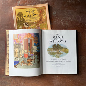 vintage children's chapter book, classic literature - The Wind in The Willows written by Kenneth Grahame with illustrations by Michel Hague - view of the title page
