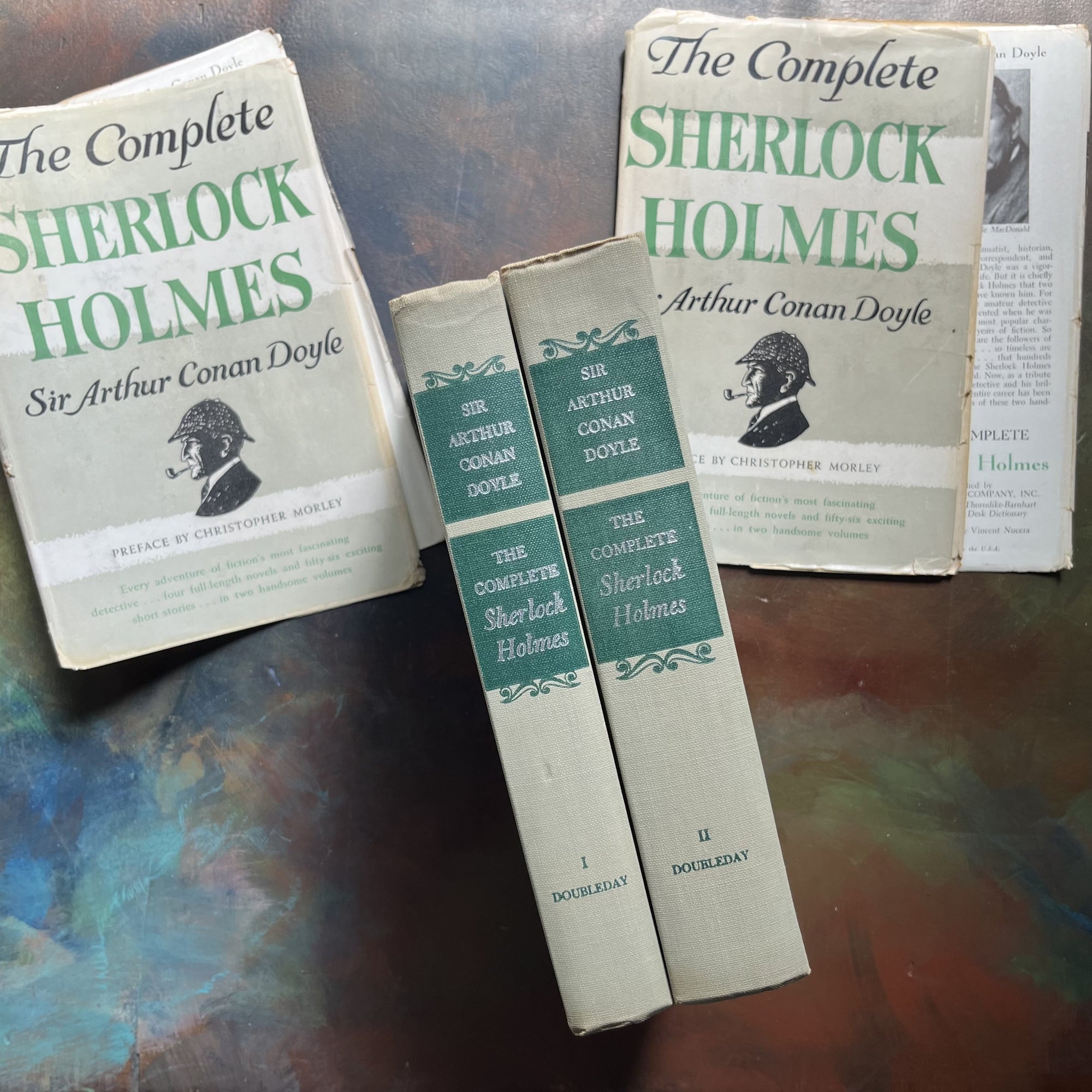 vintage mysteries - The Complete Sherlock Holmes Two Volume Book Set written by Sir Arthur Conan Doyle - view of the spines