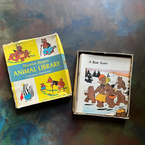 Thorton Burgess Animal Library Box Set in Original Box-8 Colorful Storybooks in Original Box-vintage children's books-Harrison Cady Illustrations-view of the open box with A Bear Scare sitting in the box