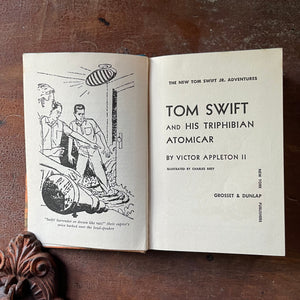 vintage children's chapter book, vintage adventure book for boys, homeschool library, The New Tom Swift, Jr. Adventures Book - Tom Swift and His Triphibian Atomicar written by Victor Appleton II with illustrations by Charles Brey - view of the title page