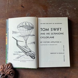 vintage children's chapter book, The New Tom Swift Jr. Adventure Book - Tom Swift and His Ultrasonic Cycloplane written by Victor Appleton II with illustrations by Graham Kaye - view of the title page