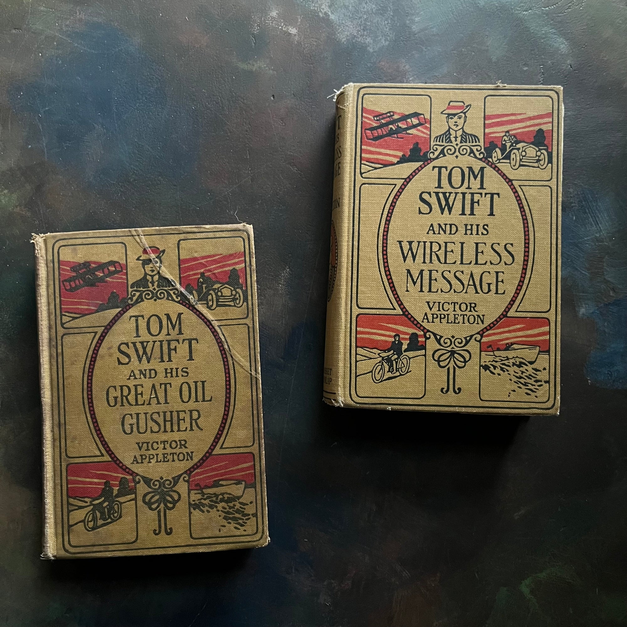 Tom Swift and His Great Oil Gusher and Tom Swift and His Wireless Message written by Victor Appleton-antique science fiction books-view of the front covers