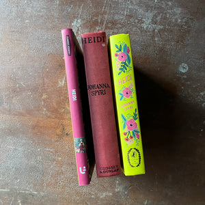 Trio of Heidi Hardcover Editions by Johanna Spyri-Puffin in Bloom, Grosset & Dunlap & Union Square Kids Editions-vintage children's chapter books-view of the spines