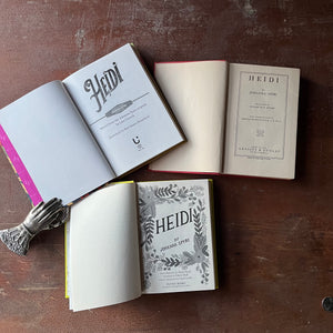 Trio of Heidi Hardcover Editions by Johanna Spyri-Puffin in Bloom, Grosset & Dunlap & Union Square Kids Editions-vintage children's chapter books-view of the title pages
