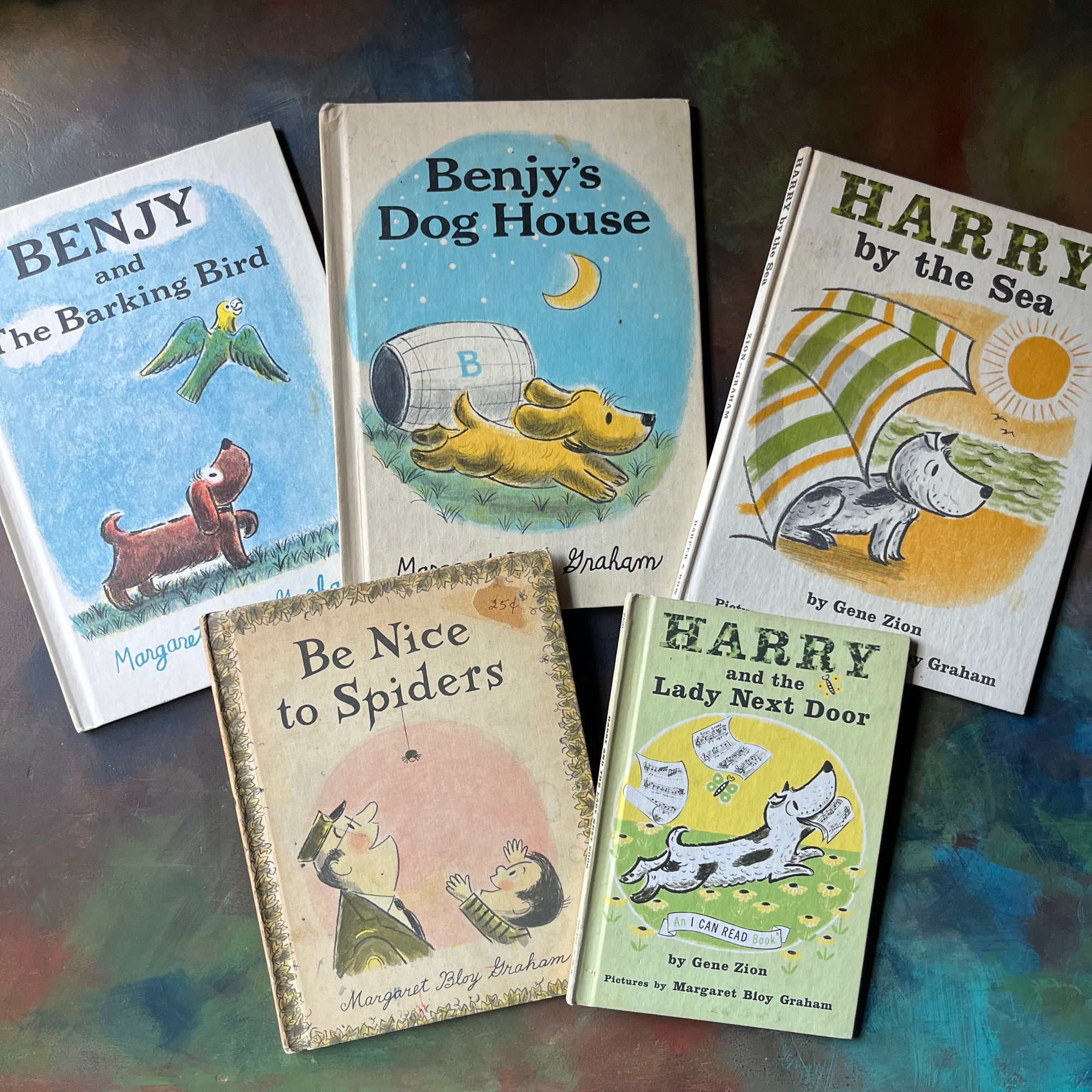 Set of Five Vintage Weekly Reader Books-vintage children's picture books illustrated by Margaret Bloy Graham-Benjy The Dog Books, Harry the Dog Books & Be Nice to Spiders-view of the front covers