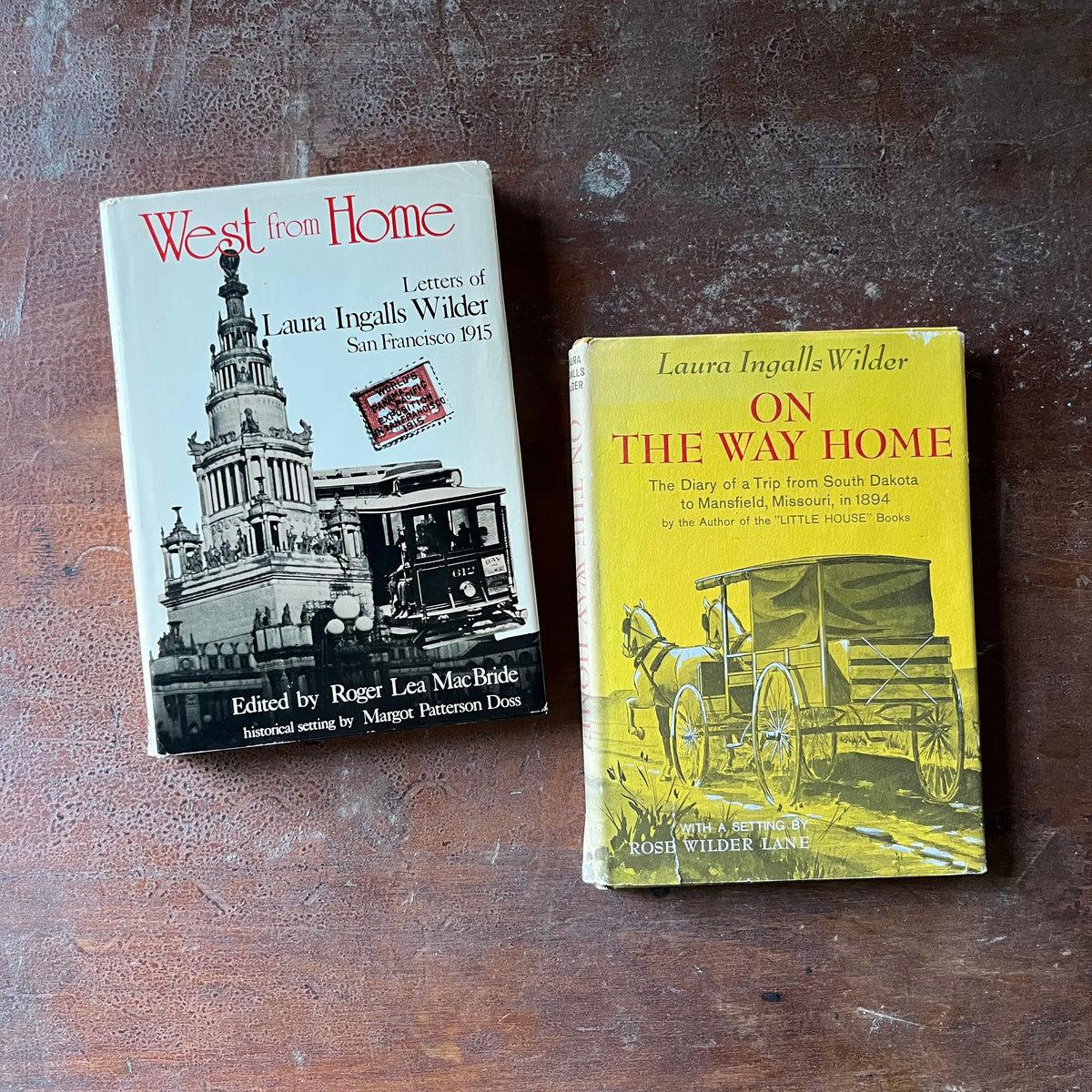 vintage children's book, Little House on the Prairie Series, vintage biographies - On The Way Home and West From Home written by Laura Ingalls Wilder and Rose Wilder Lane - view of the dust jacket's front covers