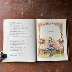 vintage children's poetry book, Tasha Tudor Illustrations - Wings from the Wind An Anthology of Poems Selected and Illustrated by Tasha Tudor - view of the contents & full-page illustration by Tasha Tudor depicting a little girl on a bench reading a book with potted plants on either side of the bench