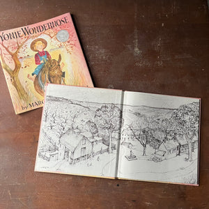 Yonie Wondernose written and illustrated by Marguerite De Angeli-A Caldecott Honor Book-vintage children's picture book-view of the inside cover with a black & white illustration of the farm Yonie lives on 