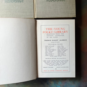 Young Folks Library Book Set of 8-1901 Editions-Hall & Locke Company, Boston-vintage children's storybooks-view of the publication information regarding the editors of those who gathered the stories for these volumes