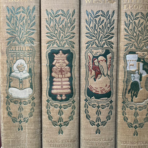 Young Folks Library Book Set of 8-1901 Editions-Hall & Locke Company, Boston-vintage children's storybooks-view of the closeup of the first four volumes spines