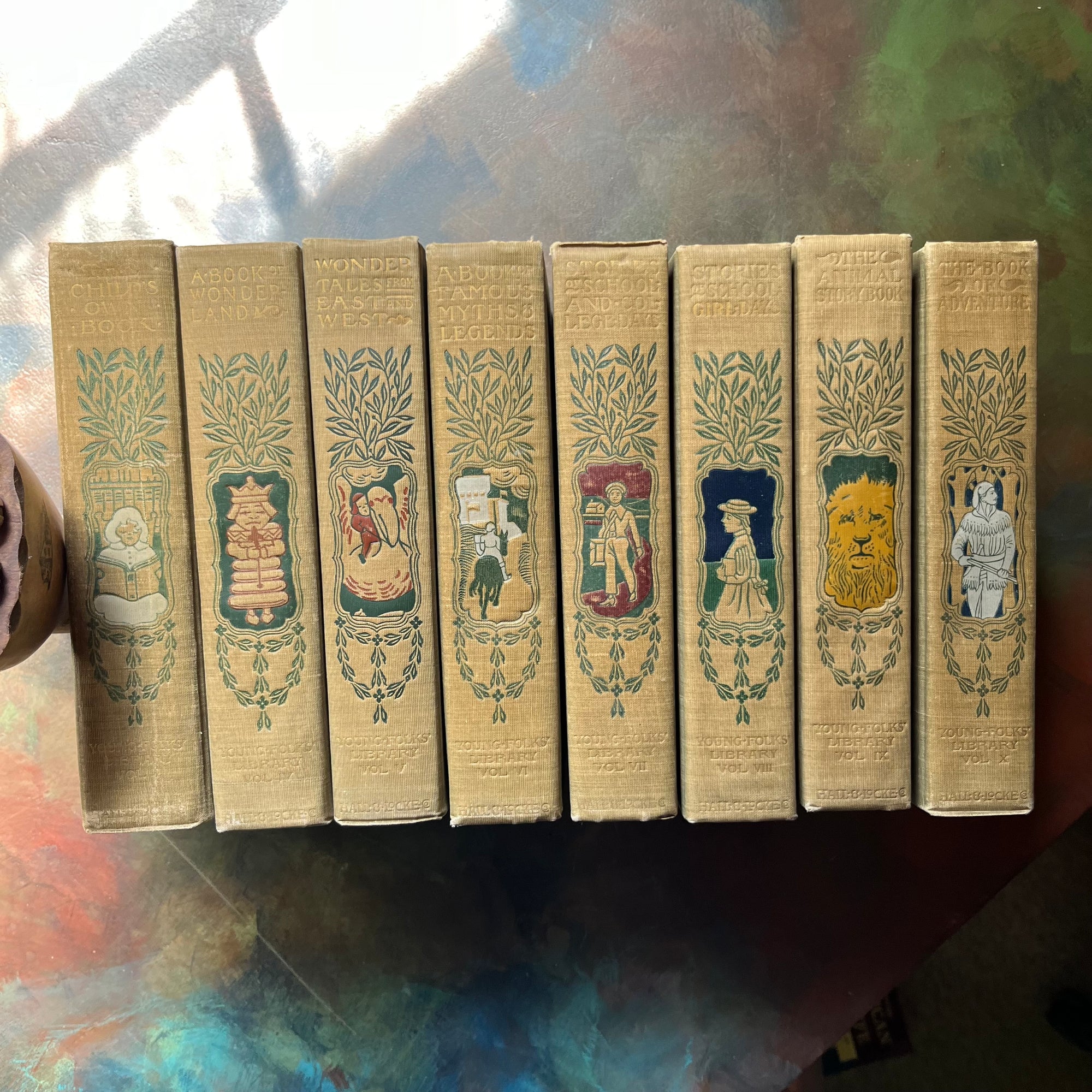 Young Folks Library Book Set of 8-1901 Editions-Hall & Locke Company, Boston-vintage children's storybooks-view of the spines