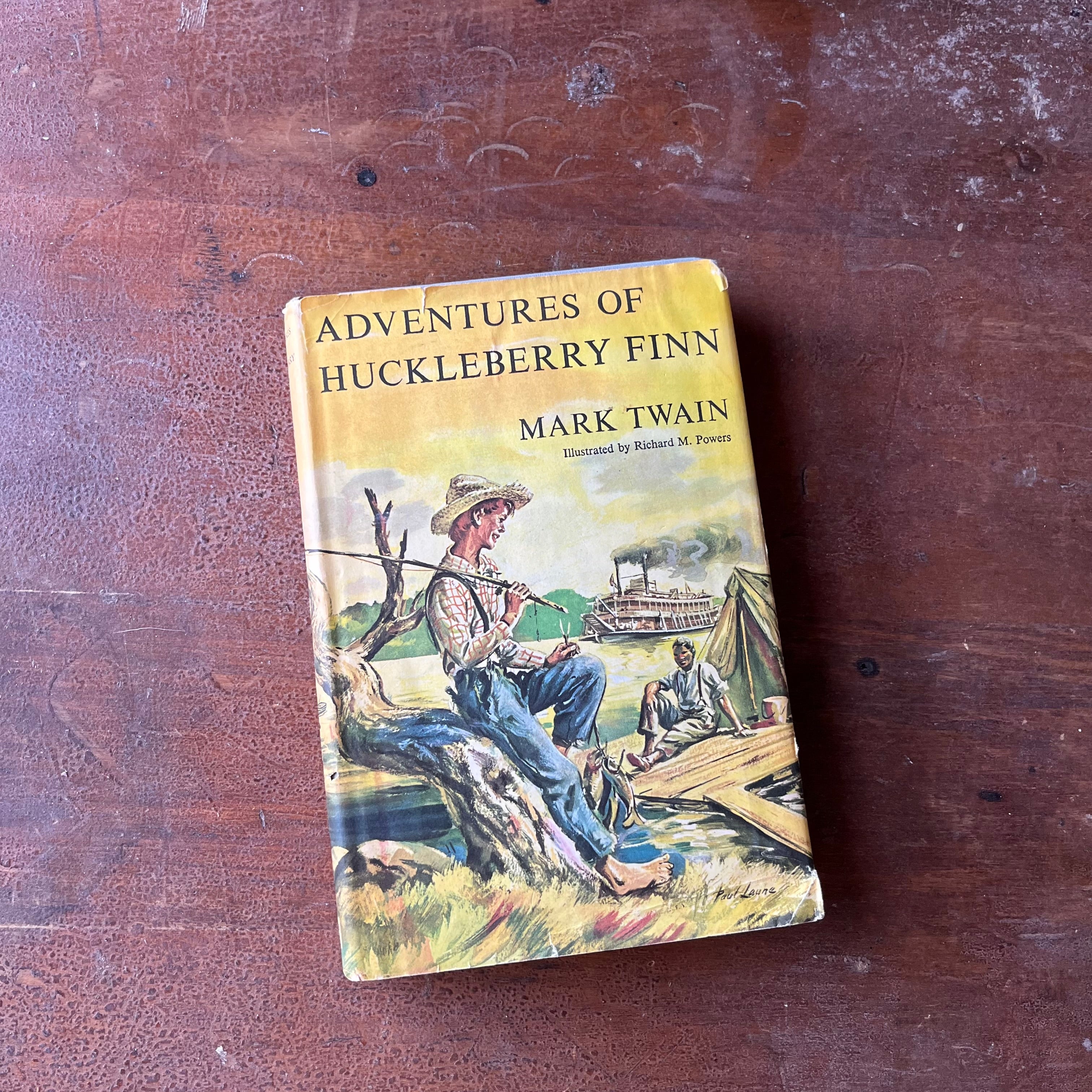 Log Cabin Vintage – vintage children’s book, children’s book, chapter books, Junior Deluxe Editions – Adventures of Huckleberry Finn by Mark Twain with illustrations by Richard M. Powers - view of the dust jacket's front cover