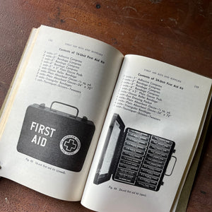 The American Red Cross First Aid Textbook 4th Edition - book opened to show a first aid kit illustration & list of contents for the first aid kit
