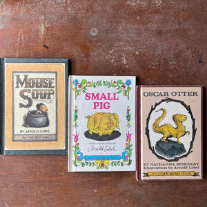 Log Cabin Vintage - vintage children's books, picture books, An I Can Read Book - Set of Three Books Written and Illustrated by Arnold Lobel:  Mouse Soup, Small Pig and Oscar Otter - view of their front covers