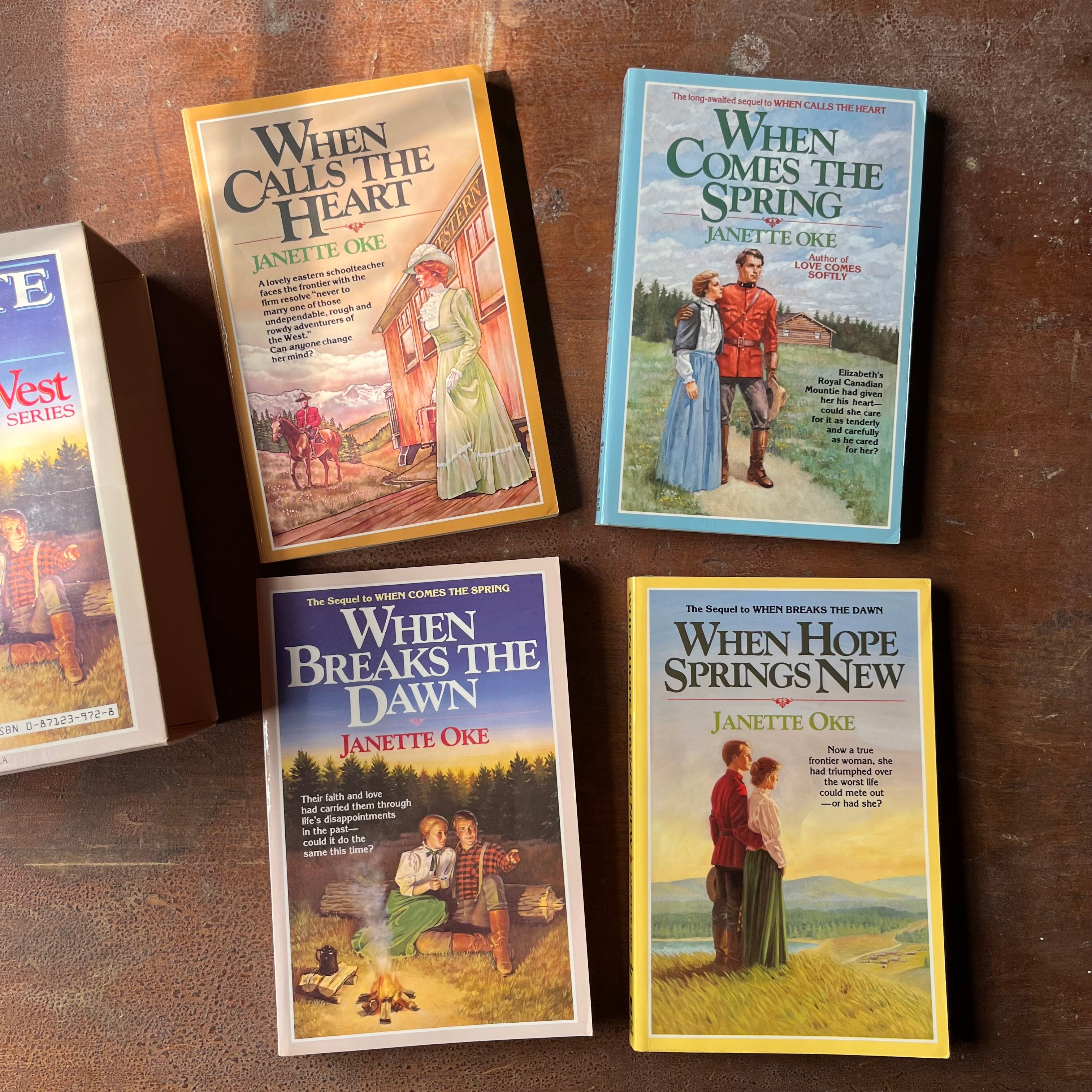 Log Cabin Vintage - vintage books, The Canadian West Series, historical fiction - Janette Oke's Canadian West Series Box Set with Sleeve - view of the front covers