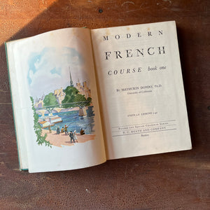 Log Cabin Vintage – vintage non-fiction – vintage French books – book stack – Learn French Book Stack - vintage stack of five french grammar books some written in French - view of the title page of Modern French Course Book One