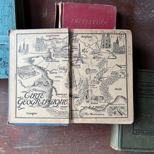Log Cabin Vintage – vintage non-fiction – vintage French books – book stack – Learn French Book Stack - vintage stack of five french grammar books some written in French - view of the inside cover