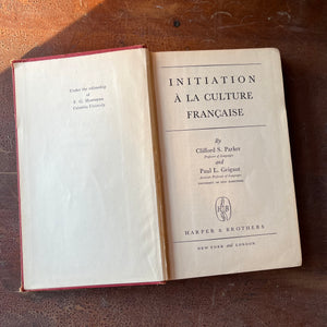 Log Cabin Vintage – vintage non-fiction – vintage French books – book stack – Learn French Book Stack - vintage stack of five french grammar books some written in French - view of the title page of Initiation A La Culture Francais