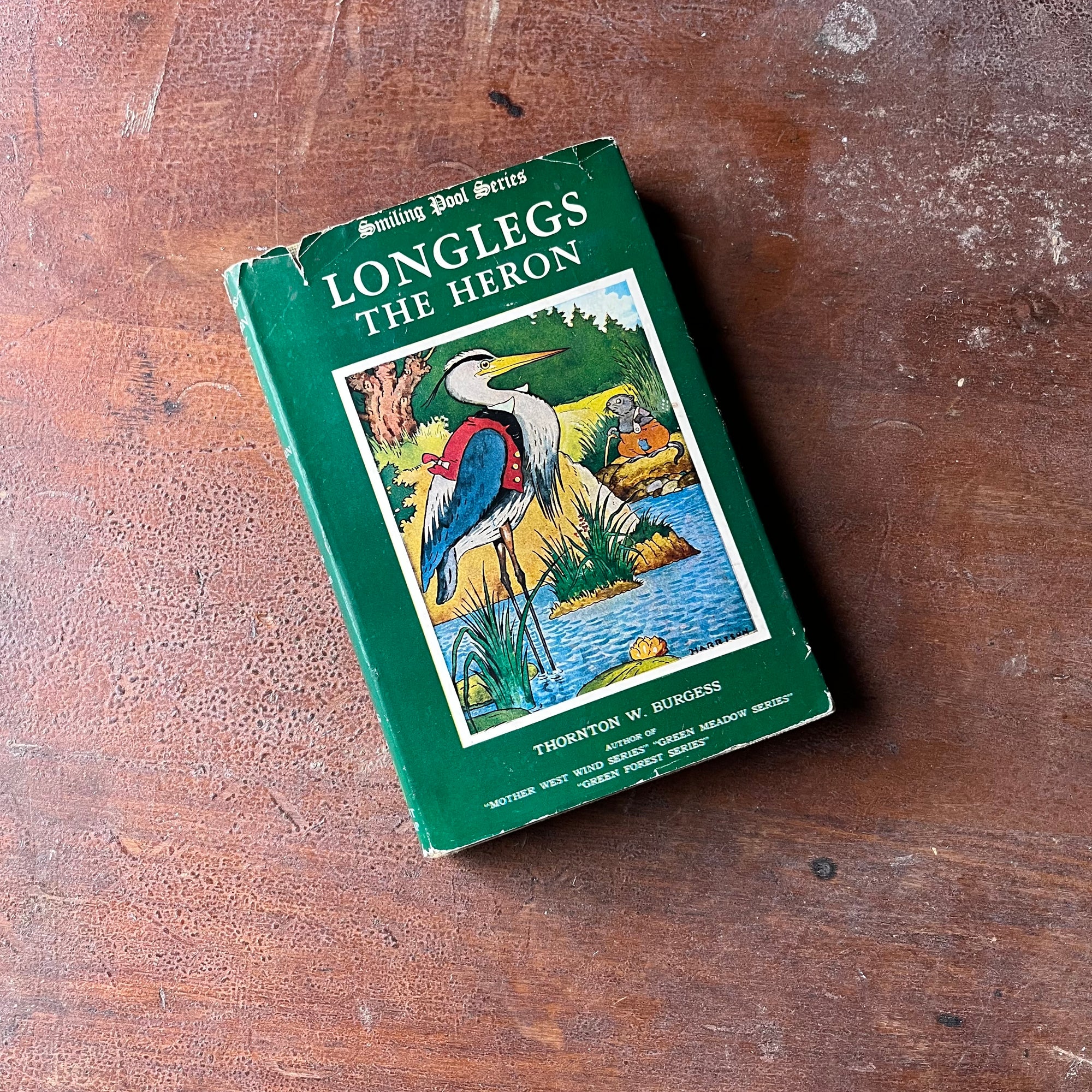 Log Cabin Vintage – vintage children’s book, children’s book, chapter book, Smiling Pool Series – Longlegs the Heron by Thornton W. Burgess with Illustrations by Harrison Cady - view of the dust jacket's front cover