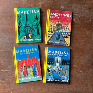Log Cabin Vintage - children's books, vintage children's book, picture books - Madeline Four Book Set:  Madeline, Madeline's Rescue, Madeline in London & Madeline & The Bad Hat Stories and illustrations by Ludwig Bemelmans 1992 Hard Cover Editions - view of the front covers