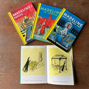 Log Cabin Vintage - children's books, vintage children's book, picture books - Madeline Four Book Set:  Madeline, Madeline's Rescue, Madeline in London & Madeline & The Bad Hat Stories and illustrations by Ludwig Bemelmans 1992 Hard Cover Editions - view of the yellow and black illustrations