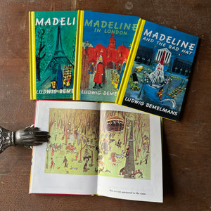Log Cabin Vintage - children's books, vintage children's book, picture books - Madeline Four Book Set:  Madeline, Madeline's Rescue, Madeline in London & Madeline & The Bad Hat Stories and illustrations by Ludwig Bemelmans 1992 Hard Cover Editions - view of the full color illustrations