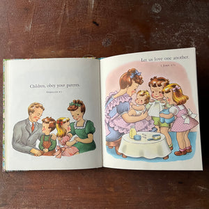 Log Cabin Vintage - vintage children's book, vintage bible book, children's religious book - My Bible Book Verses Selected by Janie Walker with illustrations by Dean Bryant - view of the full page illustrations of a family