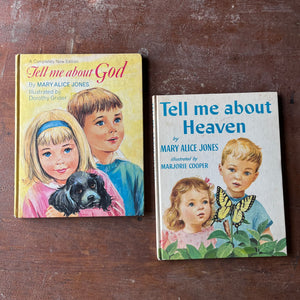 Log Cabin Vintage - vintage children's books, vintage religious books for children, religious text - Pair of books by Mary Alice Jones with illustrations by Marjorie Cooper:  Tell Me About God and Tell Me About Heaven - view of their front covers
