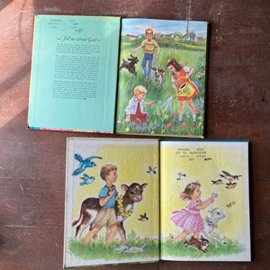 Log Cabin Vintage - vintage children's books, vintage religious books for children, religious text - Pair of books by Mary Alice Jones with illustrations by Marjorie Cooper:  Tell Me About God and Tell Me About Heaven - view of their inside covers