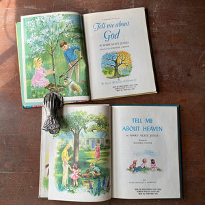 Log Cabin Vintage - vintage children's books, vintage religious books for children, religious text - Pair of books by Mary Alice Jones with illustrations by Marjorie Cooper:  Tell Me About God and Tell Me About Heaven - view of their title pages