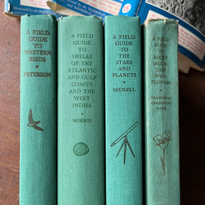 Log Cabin Vintage – vintage non-fiction – nature books – bird identification book – field guide – Peterson Field Guide – Set of Four Peterson Field Guides:  Western Birds, Shells, Stars and Planets & Rocky Mountain Wildflowers - closeup view of the detail of the spines