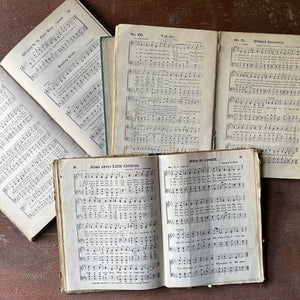 Set of Three Vintage Hymnals - Songs for Little Singers, The Primary Sunday School Hymns, & Songs of the Peacemaker - view of a sampling of their pages/hymns