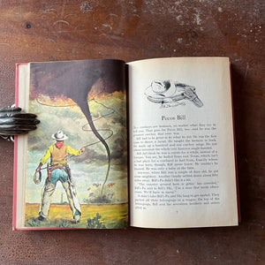 Log Cabin Vintage - vintage children's book, vintage living history book, living history, American history - Tall Tales of America by Irwin Shapiro with illustrations by Al Schmidt - view of the first page of Pecos Bill with a full-page illustration of Pecos Bill roping a cyclone