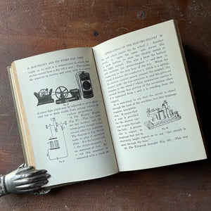 The Children's Library of Work and Play:  Electricity by John F. Woodhull - view of the book sitting on a wood table with the book open to a page depicting illustrations