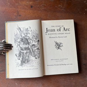 The Story of Joan of Arc Signature Series Children's Chapter Book by Jeannette C. Nolan - View of the Title Page sitting on a wood table
