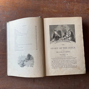 Log Cabin Vintage - antique book, antique bible story, antique religious text - The Story of the Bible by Charles Foster 1884 - view of the contents and chapter one header page